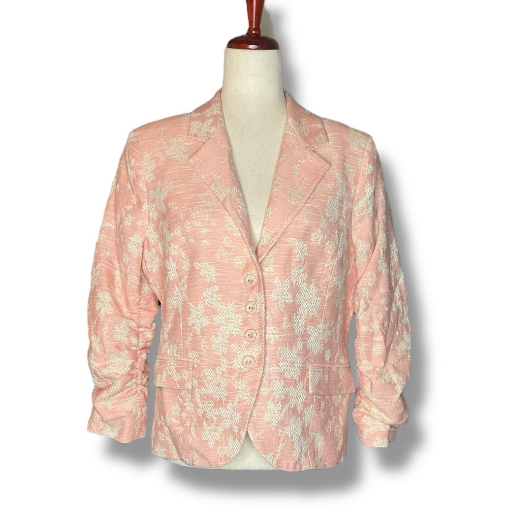 Lavender Brown Pink Tweed Floral Gold Thread Ruched Sleeve Blazer Size Medium